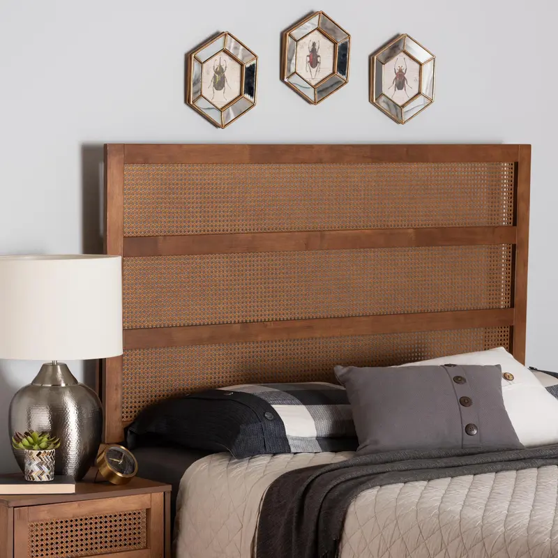 Baxton Studio Berne Mid-Century Modern Ash Walnut Finished Wood King Size Headboard with Rattan