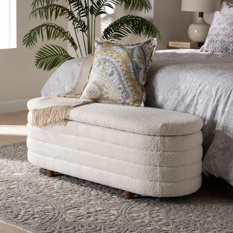 Baxton Studio Betiana Modern Japandi Cream Boucle Fabric and Walnut Brown Finished Wood Storage Bench