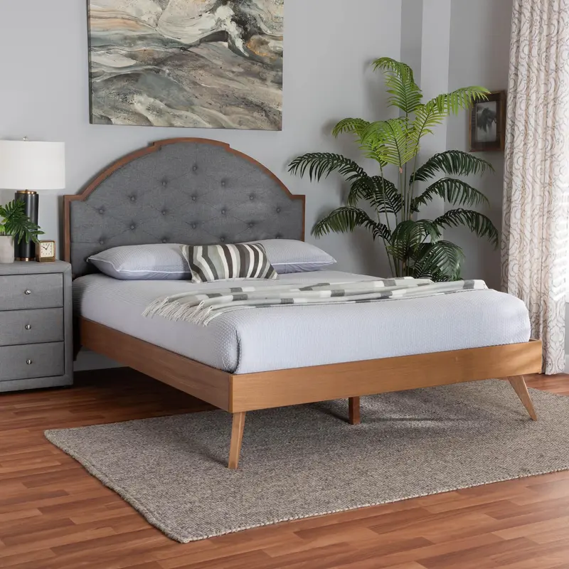 Baxton Studio Blanchard Mid-Century Modern Grey Fabric and Walnut Brown Wood Queen Size Platform Bed