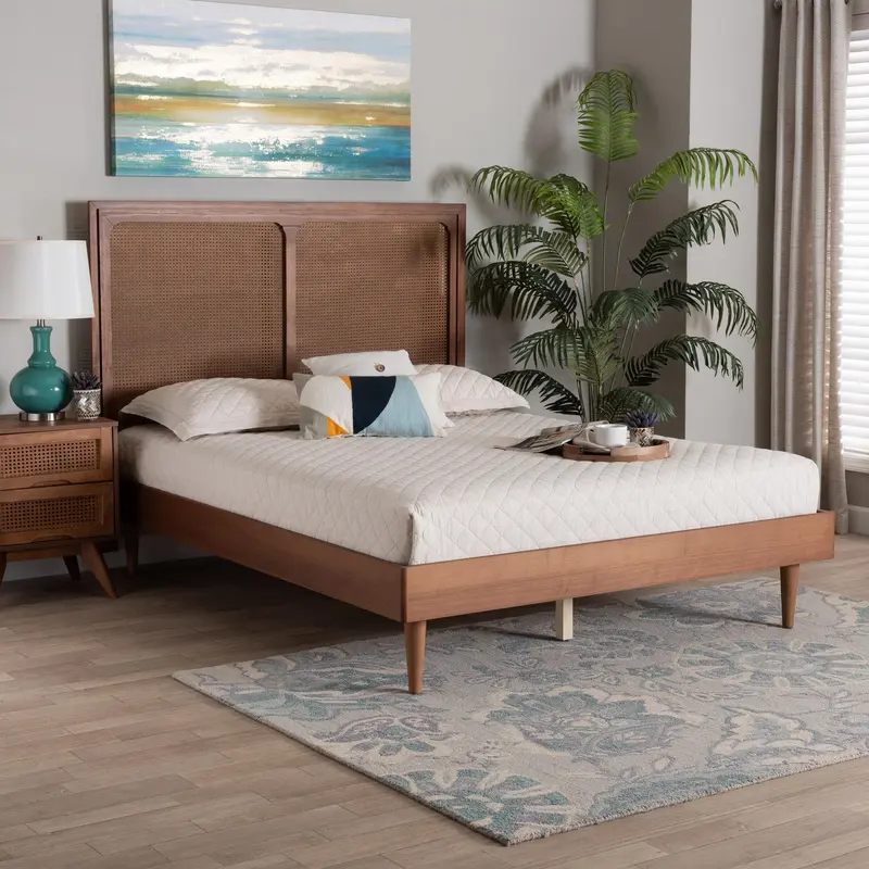 Baxton Studio Boris Mid-Century Modern Ash Walnut Woven Rattan Queen Size Bed