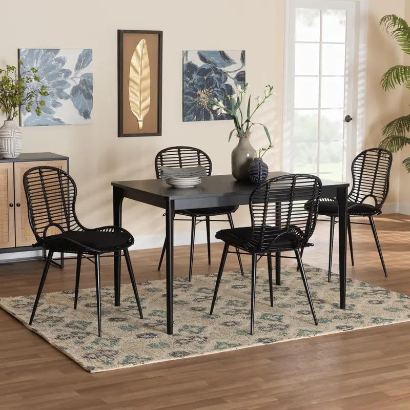 Baxton Studio Brenna Modern Bohemian Black Finished Wood and Rattan 5-Piece Dining Set