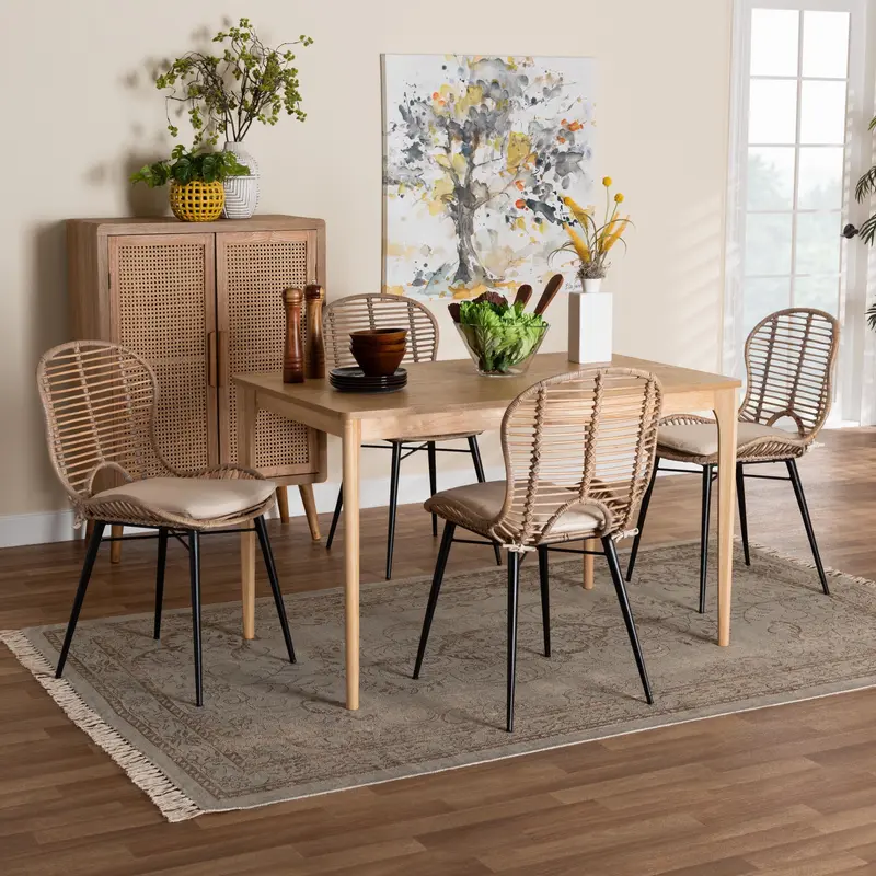 Baxton Studio Brenna Modern Bohemian Greywashed Rattan and Natural Brown Finished Wood 5-Piece Dining Set
