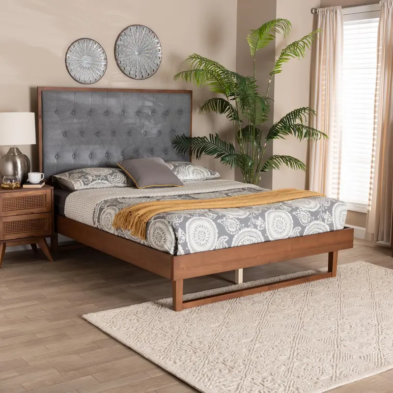 Baxton Studio Bryn Classic and Traditional Grey Fabric and Walnut Brown Finished Wood King Size Platform Bed