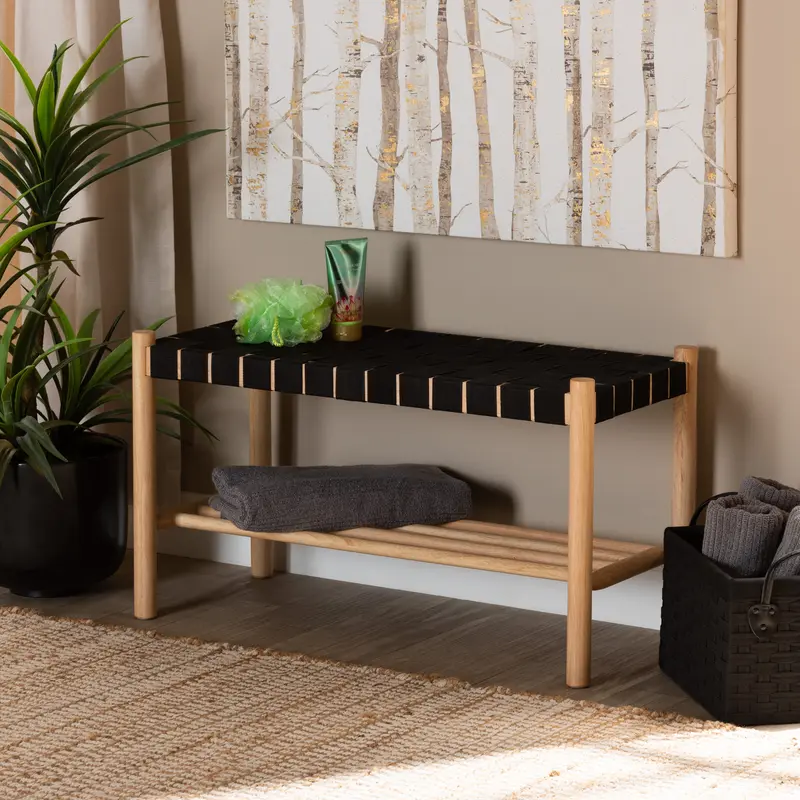 Baxton Studio Cadmus Rustic Mid-Century Modern Black and Oak Brown Finished Wood Bench