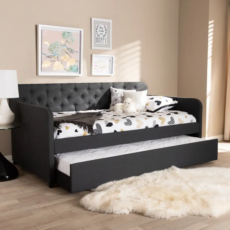 Baxton Studio Camelia Modern and Contemporary Charcoal Grey Fabric Upholstered Button-Tufted Twin Size Sofa Daybed with Roll-Out Trundle Guest Bed