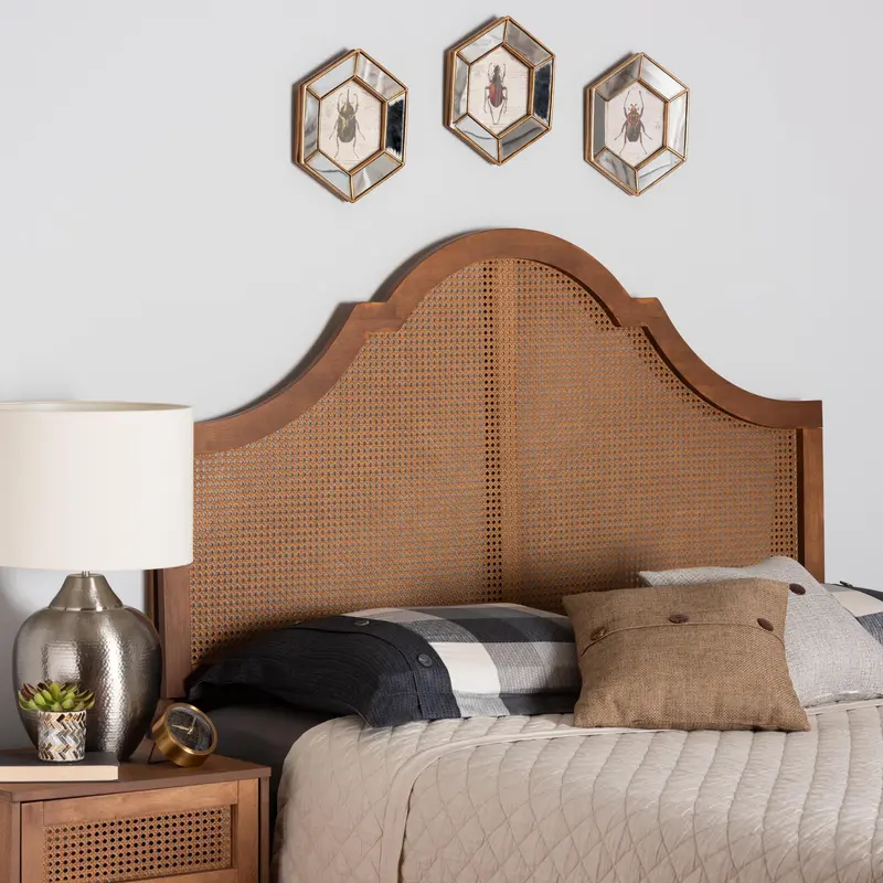 Baxton Studio Camila Classic and Traditional Ash Walnut Finished Wood King Size Headboard with Rattan