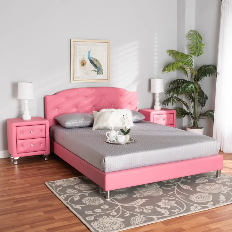 Baxton Studio Canterbury Contemporary Glam Pink Faux Leather Upholstered Full Size 3-Piece Bedroom Set