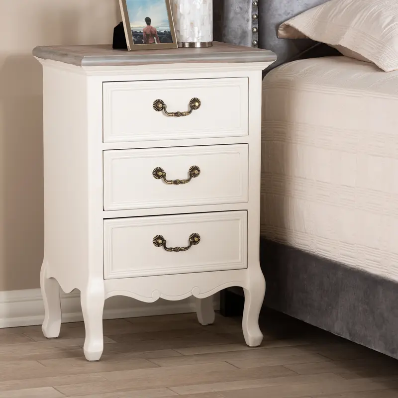 Baxton Studio Capucine Antique French Country Cottage Two Tone Natural Whitewashed Oak and White Finished Wood 3-Drawer End Table