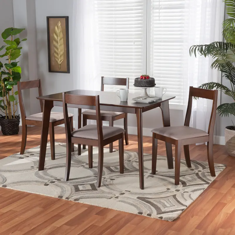 Baxton Studio Carola Mid-Century Modern Warm Grey Fabric and Dark Brown Finished Wood 5-Piece Dining Chair Set