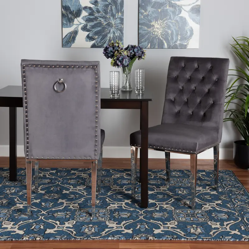 Baxton Studio Caspera Contemporary Glam and Luxe Grey Velvet Fabric and Silver Metal 2-Piece Dining Chair Set