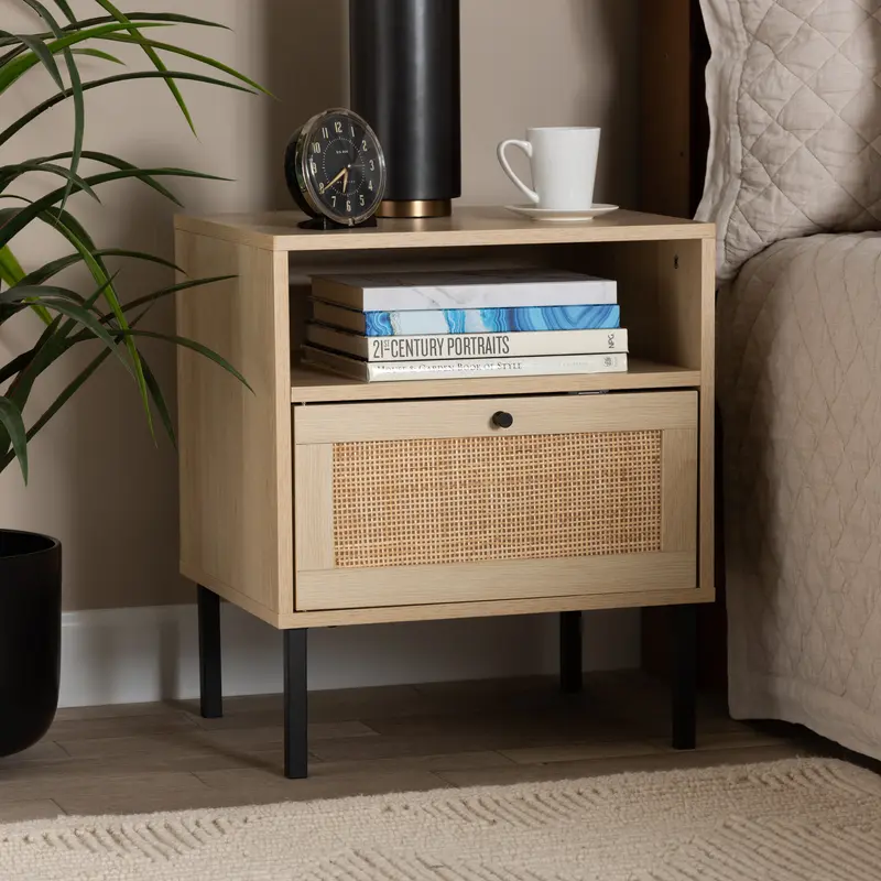 Baxton Studio Caterina Mid-Century Modern Transitional Natural Brown Finished Wood and Natural Rattan 1-Door End Table