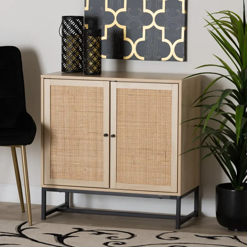 Baxton Studio Caterina Mid-Century Modern Transitional Natural Brown Finished Wood and Natural Rattan 2-Door Storage Cabinet