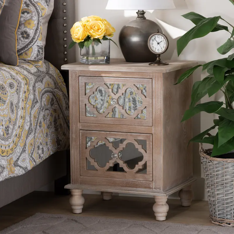 Baxton Studio Celia Transitional Rustic French Country White-Washed Wood and Mirror 2-Drawer Quatrefoil End Table