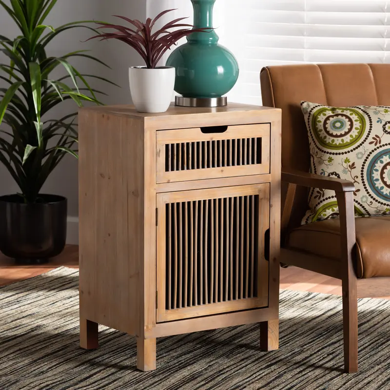 Baxton Studio Clement Rustic Transitional Medium Oak Finished 1-Door and 1-Drawer Wood Spindle End Table