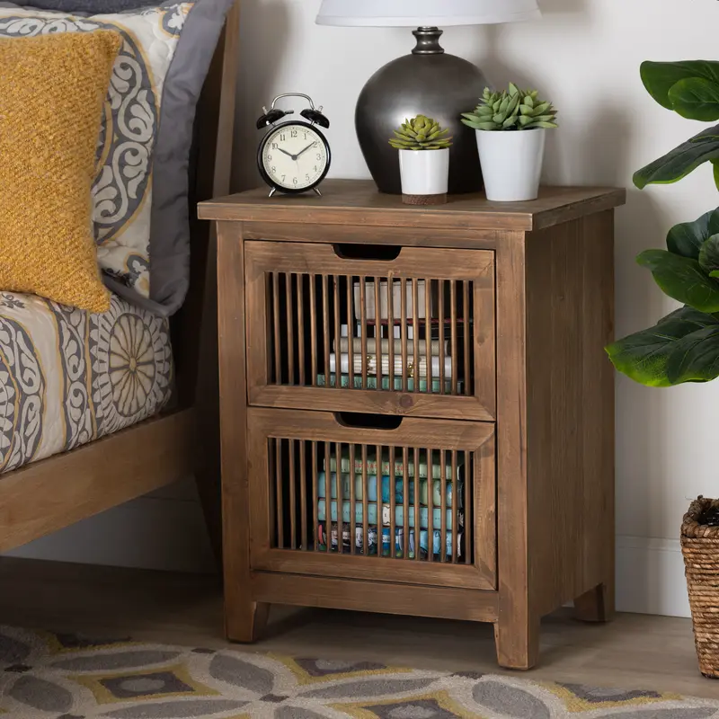 Baxton Studio Clement Rustic Transitional Medium Oak Finished 2-Drawer Wood Spindle End Table