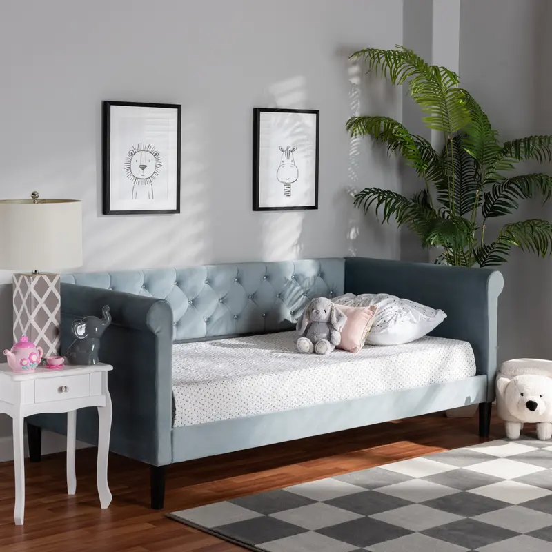 Baxton Studio Cora Modern and Contemporary Light Blue Velvet Fabric Upholstered and Dark Brown Finished Wood Twin Size Daybed