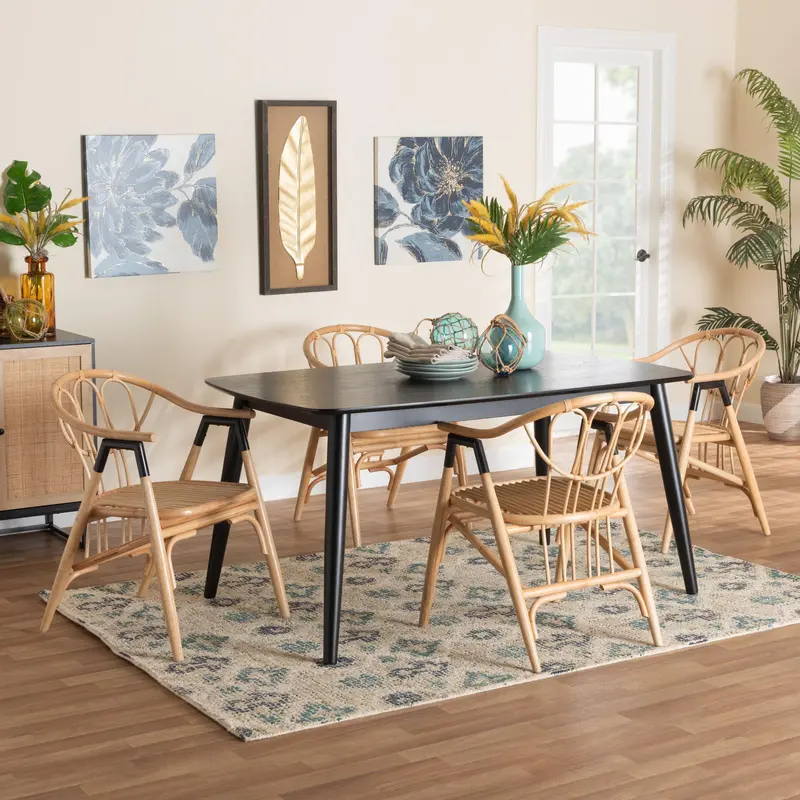 Baxton Studio Cyntia Modern Bohemian Black Finished Wood and Natural Rattan 5-Piece Dining Set