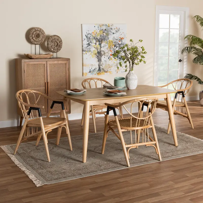 Baxton Studio Cyntia Modern Bohemian Natural Brown Finished Wood and Rattan 5-Piece Dining Set