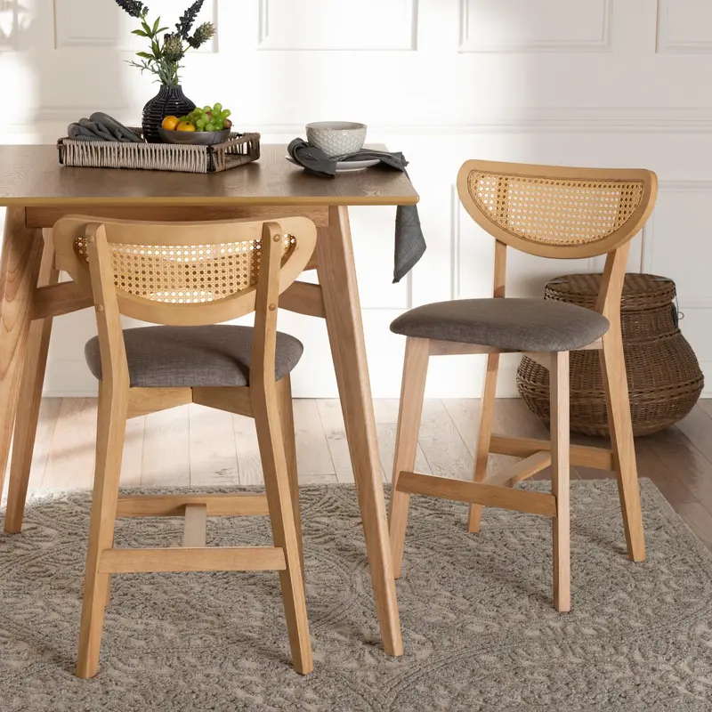 Baxton Studio Dannell Mid-Century Modern Grey Fabric and Natural Oak Finished Wood 2-Piece Counter Stool Set