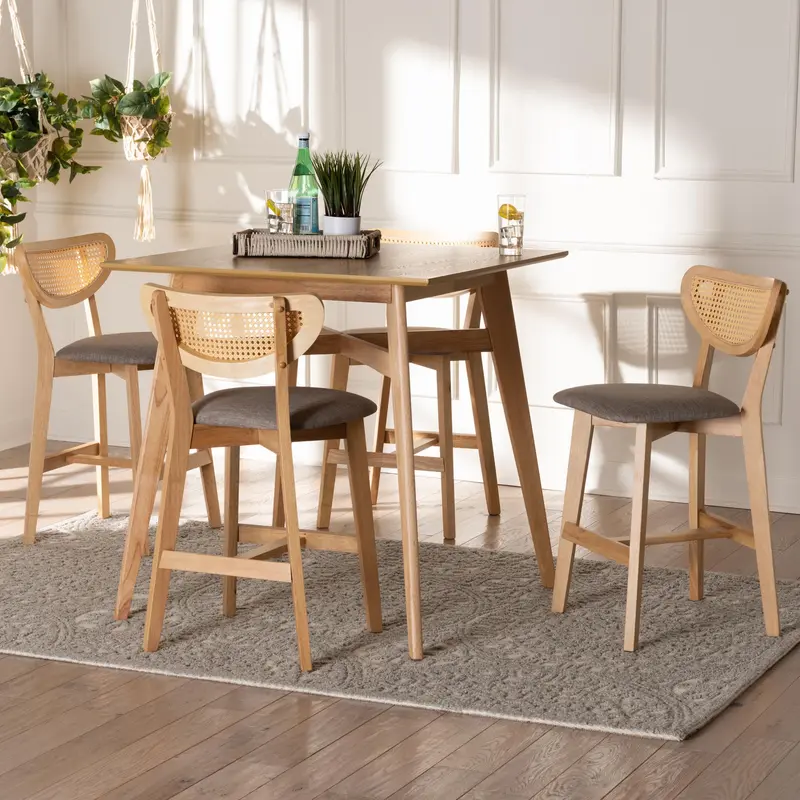 Baxton Studio Dannell Mid-Century Modern Grey Fabric and Natural Oak Finished Wood 5-Piece Pub Set