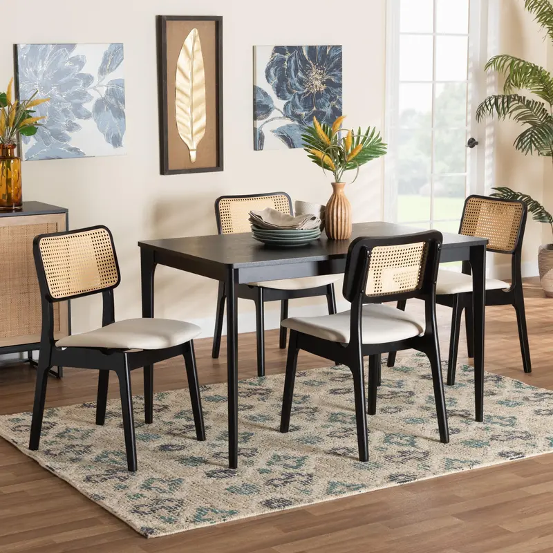 Baxton Studio Dannon Mid-Century Modern Cream Fabric and Black Finished Wood 5-Piece Dining Set
