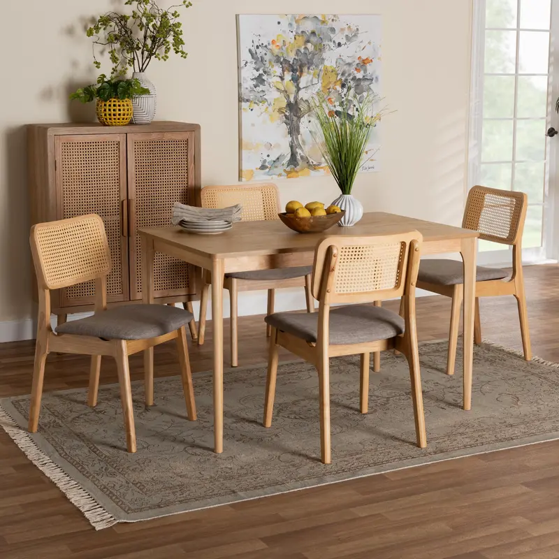 Baxton Studio Dannon Mid-Century Modern Grey Fabric and Natural Oak Finished Wood 5-Piece Dining Set