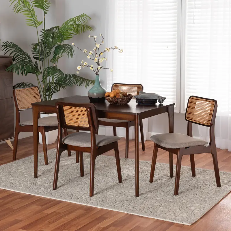 Baxton Studio Dannon Mid-Century Modern Grey Fabric and Walnut Brown Finished Wood 5-Piece Dining Set