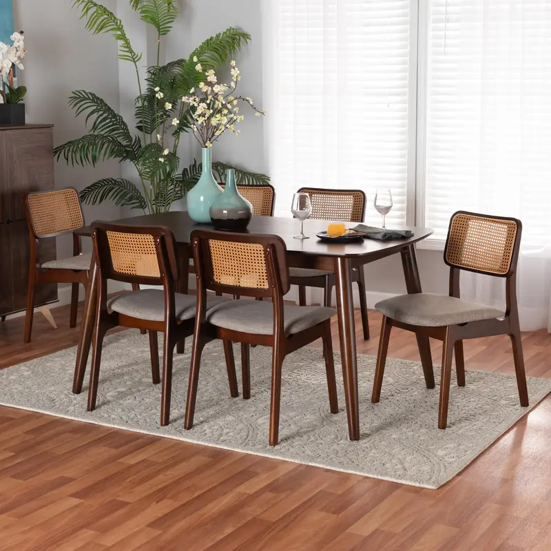 Baxton Studio Dannon Mid-Century Modern Grey Fabric and Walnut Brown Finished Wood 7-Piece Dining Set
