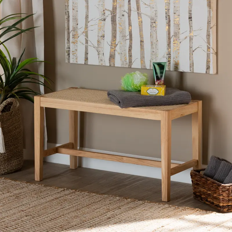 Baxton Studio Danyl Mid-Century Modern Oak Brown Finished Wood and Rattan Accent Bench
