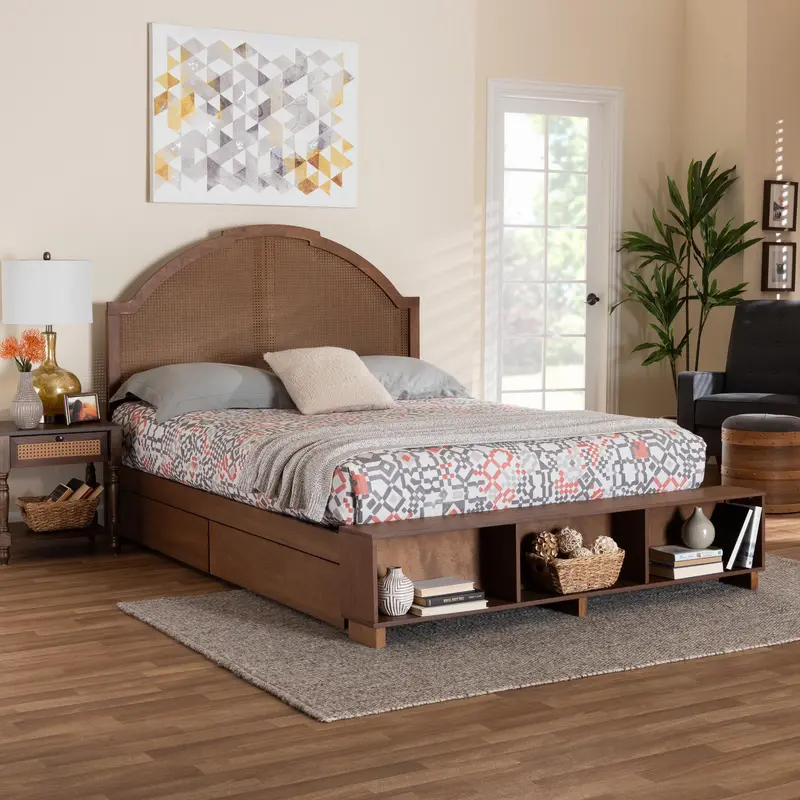 Baxton Studio Darcila Mid-Century Walnut Brown Wood and Rattan Queen Size Storage Bed