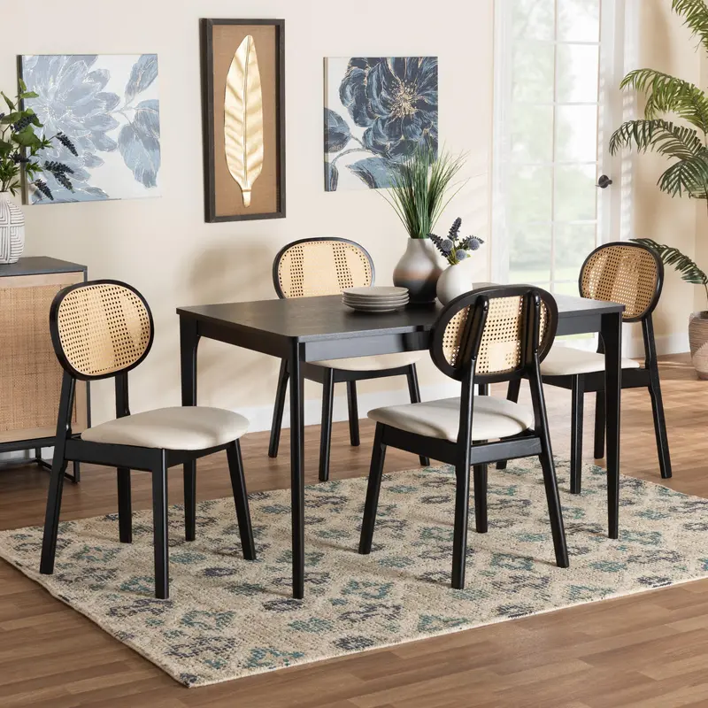 Baxton Studio Darrion Mid-Century Modern Cream Fabric and Black Finished Wood 5-Piece Dining Set