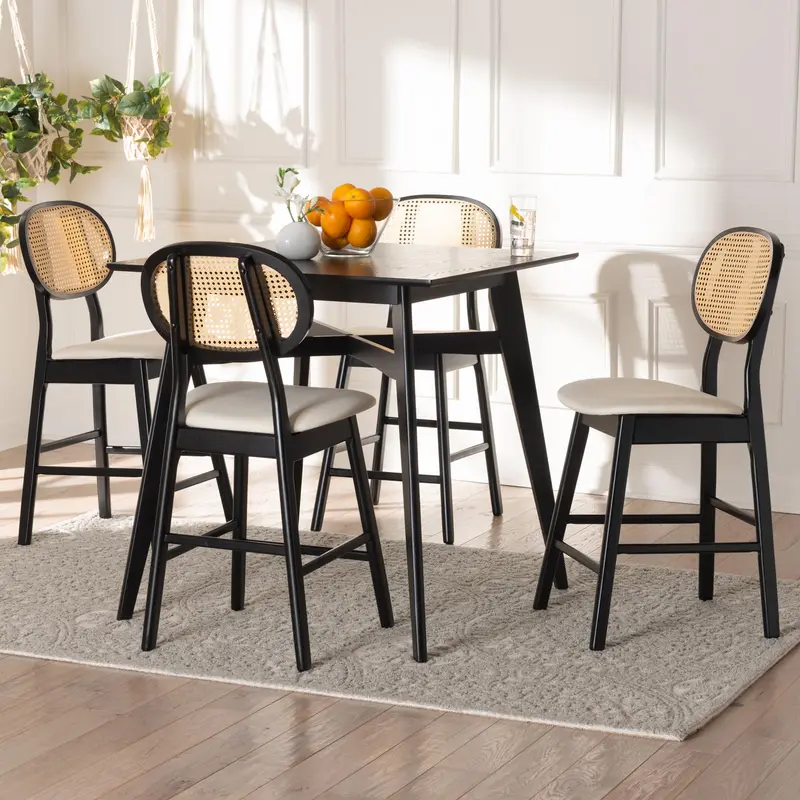 Baxton Studio Darrion Mid-Century Modern Cream Fabric and Black Finished Wood 5-Piece Pub set
