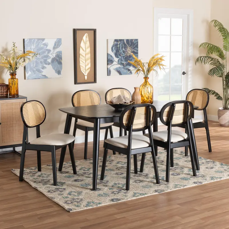Baxton Studio Darrion Mid-Century Modern Cream Fabric and Black Finished Wood 7-Piece Dining Set