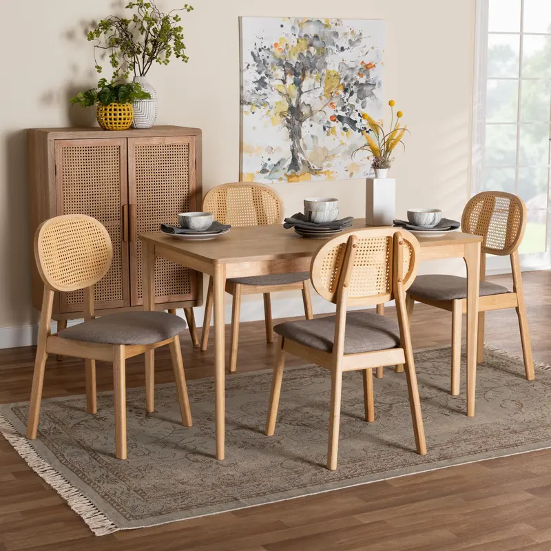 Baxton Studio Darrion Mid-Century Modern Grey Fabric and Natural Oak Finished Wood 5-Piece Dining Set