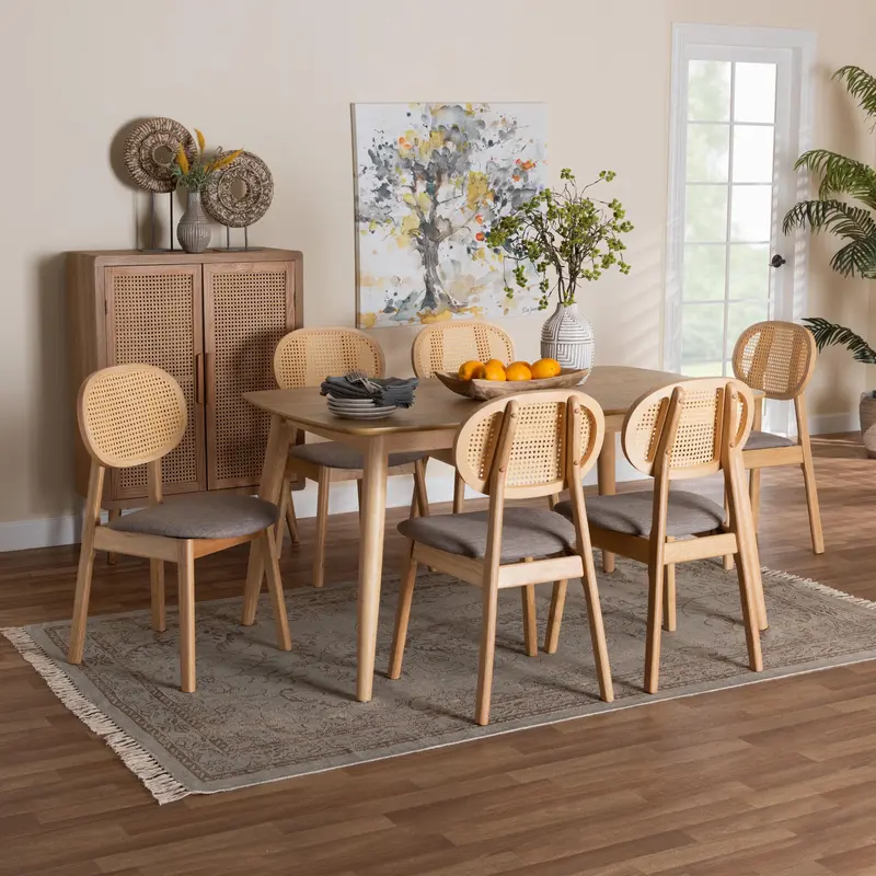 Baxton Studio Darrion Mid-Century Modern Grey Fabric and Natural Oak Finished Wood 7-Piece Dining Set