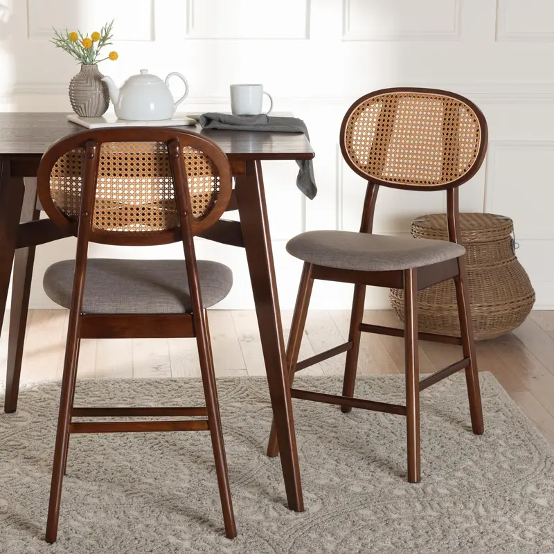 Baxton Studio Darrion Mid-Century Modern Grey Fabric and Walnut Brown Finished Wood 2-Piece Counter Stool Set