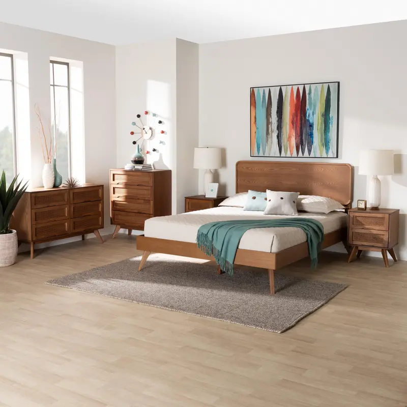 Baxton Studio Demeter Mid-Century Modern Walnut Brown Finished Wood King Size 5-Piece Bedroom Set