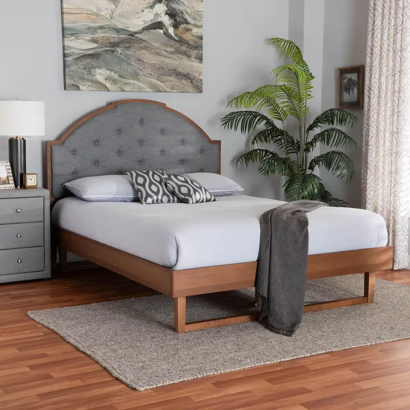 Baxton Studio Douglas Mid-Century Modern Grey Fabric and Walnut Brown Wood Queen Size Platform Bed