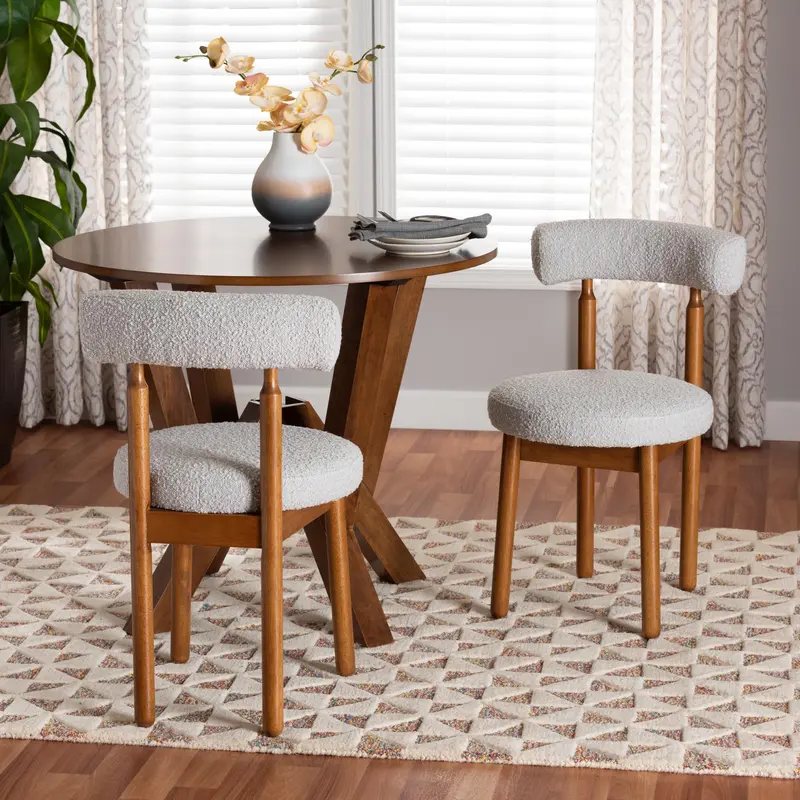 Baxton Studio Edric Modern Japandi Light Grey Boucle Fabric and Walnut Brown Finished Wood 2-Piece Dining Chair Set