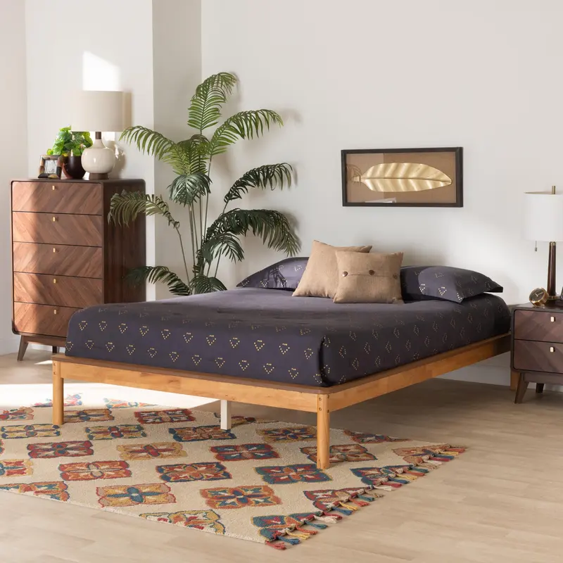 Baxton Studio Efren Mid-Century Modern Honey Oak Finished Wood King Size Bed Frame