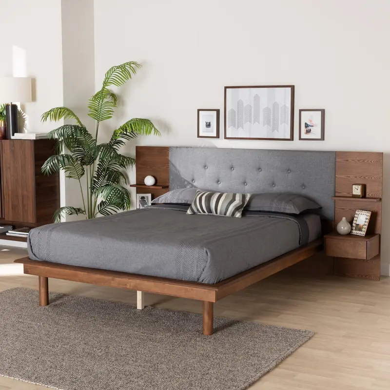 Baxton Studio Eliana Mid-Century Modern Transitional Grey Fabric and Ash Walnut Finished Wood Queen Size Platform Storage Bed with Built-In Nightstands