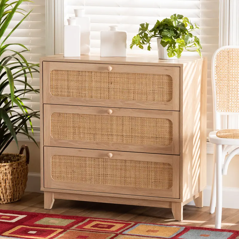 Baxton Studio Elsbeth Japandi Oak Brown Finished Wood and Natural Rattan 3-Drawer Storage Cabinet