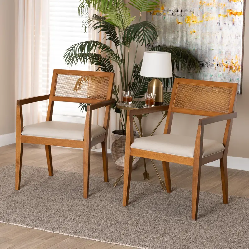Baxton Studio Emilia Modern Japandi Beige Fabric and Walnut Brown Finished Wood 2-Piece Arm Chair Set with Woven Rattan