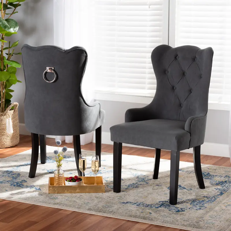 Baxton Studio Fabre Modern Transitional Grey Velvet Fabric Upholstered and Dark Brown Finished Wood 2-Piece Dining Chair Set