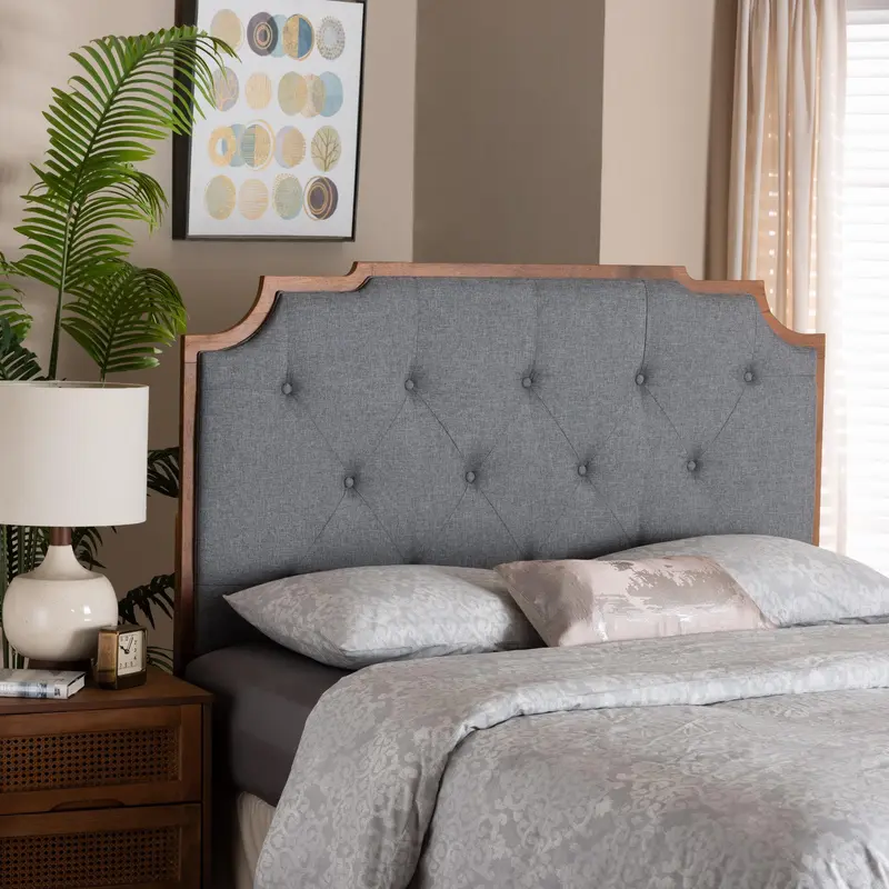 Baxton Studio Fortuna Classic and Traditional Grey Fabric and Walnut Brown Finished Wood King Size Headboard