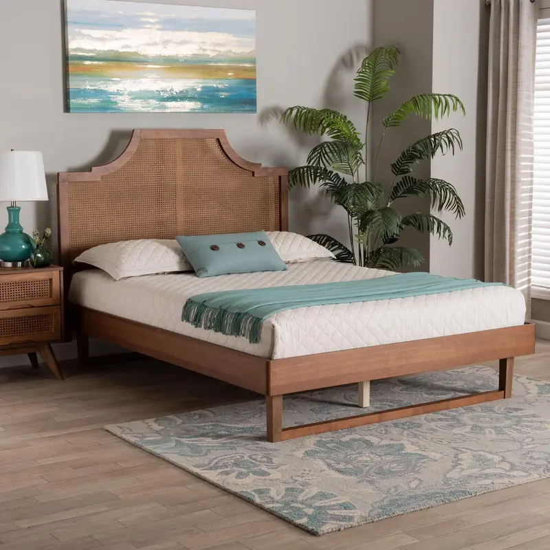Baxton Studio Francine Mid-Century Modern Ash Walnut Woven Rattan Queen Size Bed
