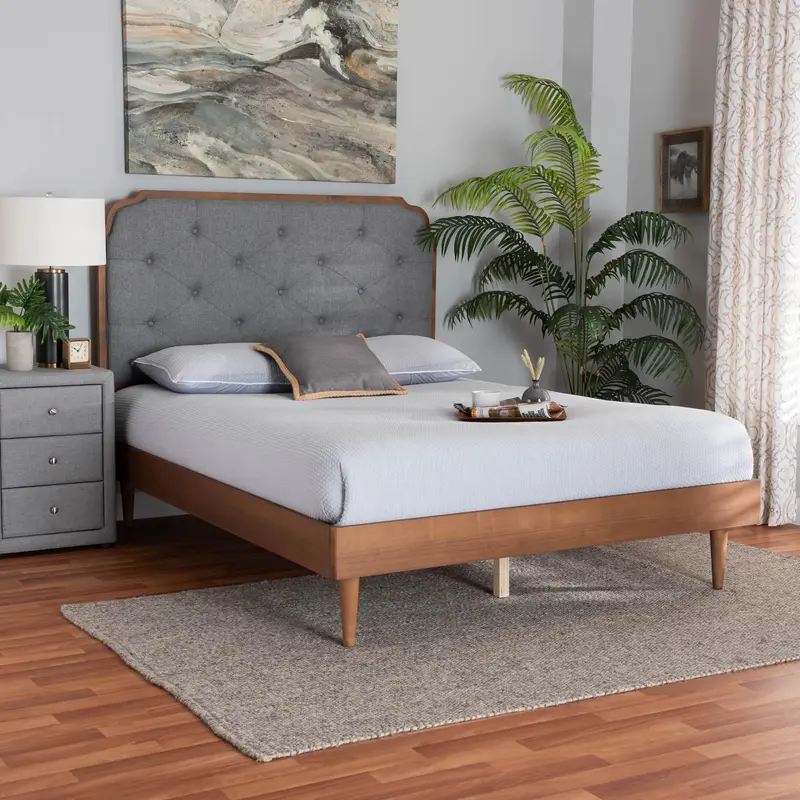 Baxton Studio Garron Mid-Century Modern Grey Fabric and Walnut Brown Wood Queen Size Platform Bed