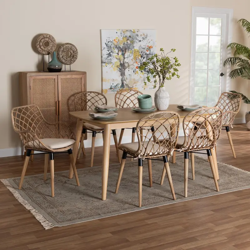 Baxton Studio Gedali Modern Bohemian Greywashed Rattan and Natural Brown Finished Wood 7-Piece Dining Set