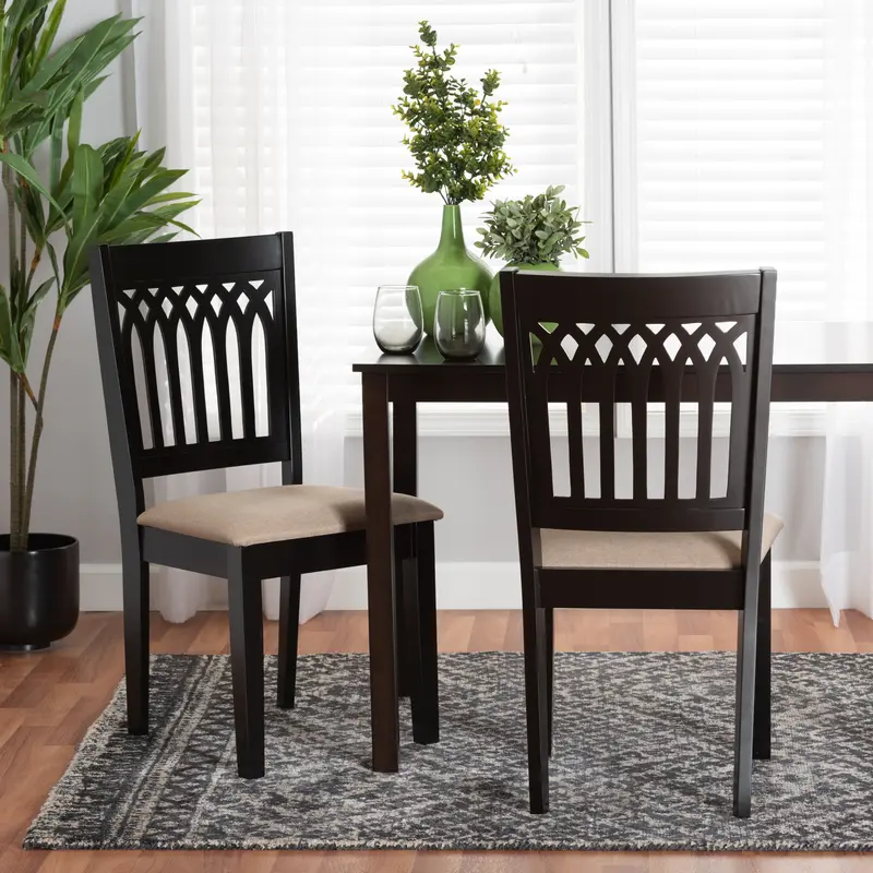 Baxton Studio Genesis Modern Beige Fabric and Dark Brown Finished Wood 2-Piece Dining Chair Set