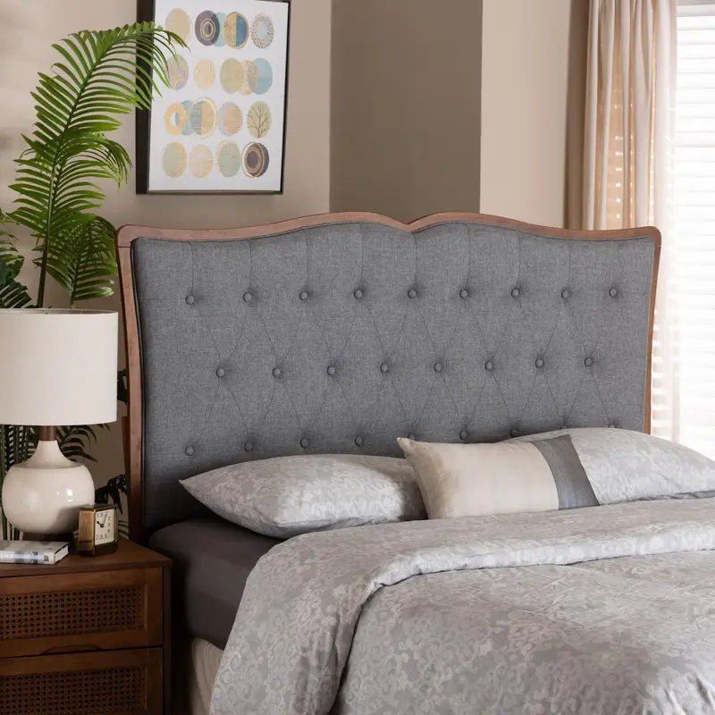 Baxton Studio Georgia Classic and Traditional Grey Fabric and Walnut Brown Finished Wood King Size Headboard